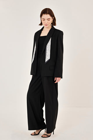Fular Detaylı Ceket Pantolon Takım Siyah