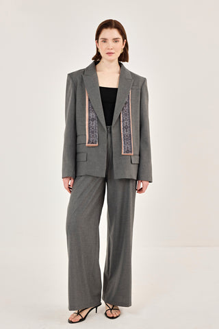 Fular Detaylı Ceket Pantolon Takım Koyu Gri