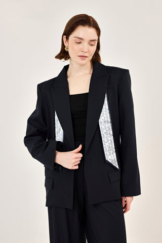 Fular Detaylı Ceket Pantolon Takım Lacivert