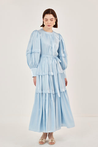 Jan Jan Saten Katlı Elbise Mavi