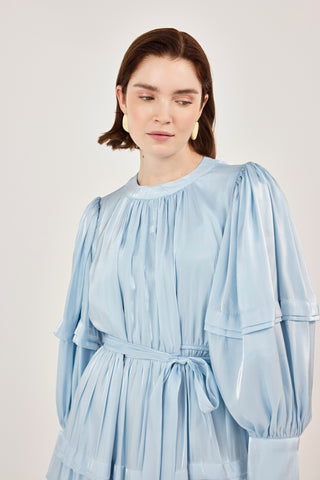 Jan Jan Saten Katlı Elbise Mavi