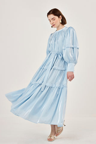 Jan Jan Saten Katlı Elbise Mavi