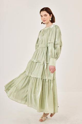 Jan Jan Saten Katlı Elbise Yeşil