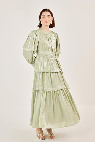 Jan Jan Saten Katlı Elbise Yeşil