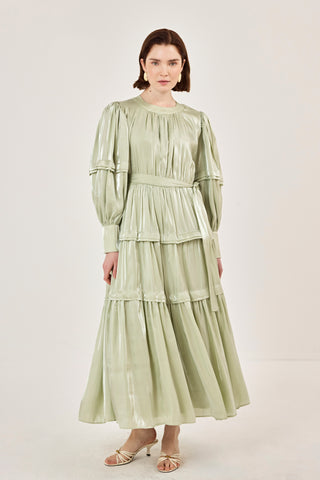 Jan Jan Saten Katlı Elbise Yeşil