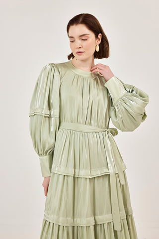 Jan Jan Saten Katlı Elbise Yeşil