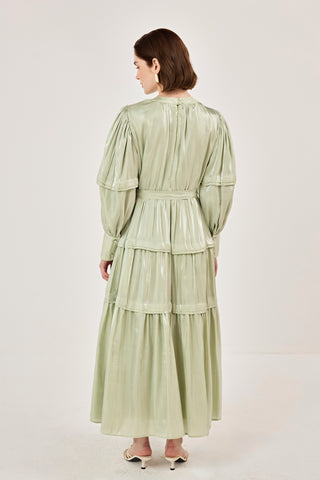 Jan Jan Saten Katlı Elbise Yeşil