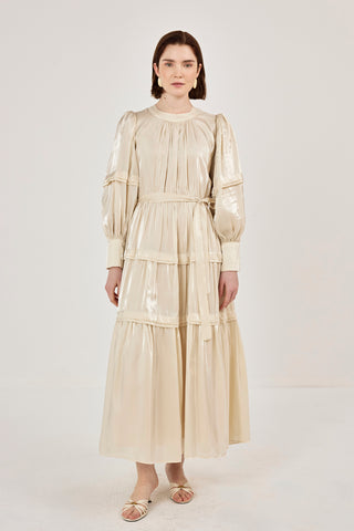 Jan Jan Saten Katlı Elbise Bej