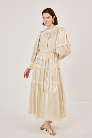 Jan Jan Saten Katlı Elbise Bej