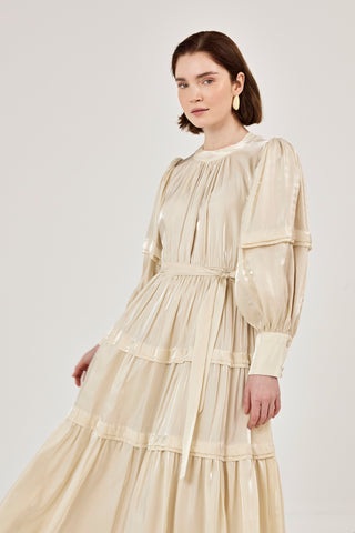 Jan Jan Saten Katlı Elbise Bej