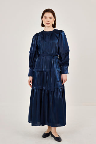 Jan Jan Saten Katlı Elbise Lacivert