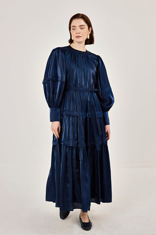 Jan Jan Saten Katlı Elbise Lacivert