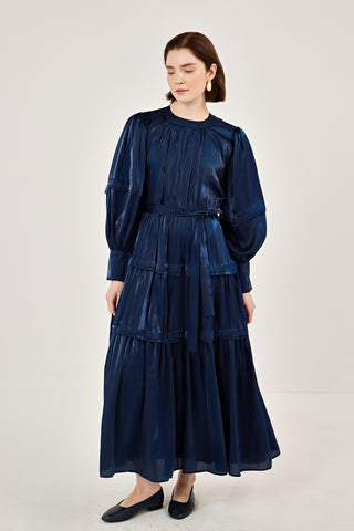 Jan Jan Saten Katlı Elbise Lacivert
