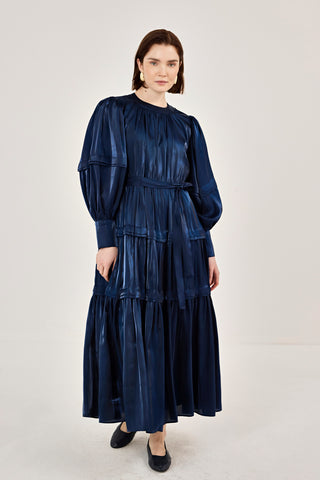 Jan Jan Saten Katlı Elbise Lacivert