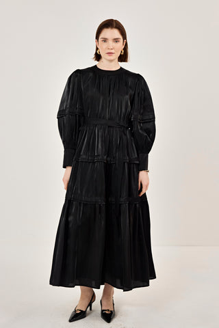 Jan Jan Saten Katlı Elbise Siyah