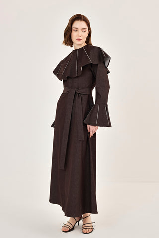 Pelerin Detaylı Taşlı Gabardin Elbise Kahverengi