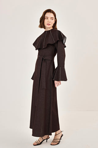 Pelerin Detaylı Taşlı Gabardin Elbise Kahverengi