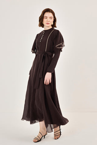 Nakış Detaylı Volanlı Parlak Tensel Elbise Kahverengi