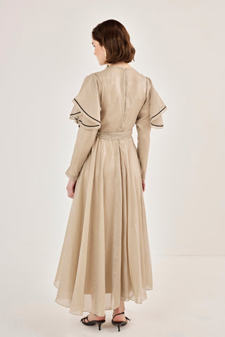 Nakış Detaylı Volanlı Parlak Tensel Elbise Bej