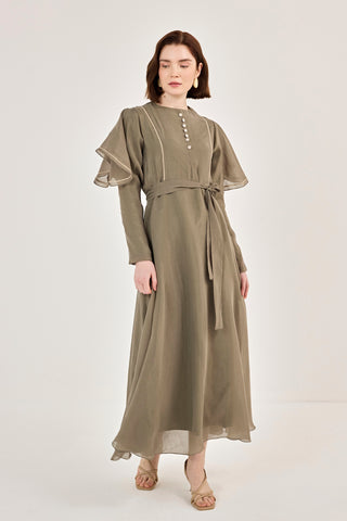 Nakış Detaylı Volanlı Parlak Tensel Elbise Haki