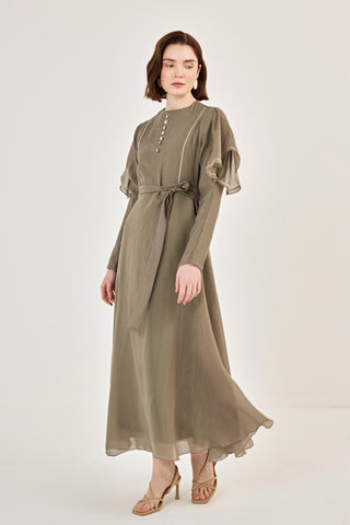 Nakış Detaylı Volanlı Parlak Tensel Elbise Haki