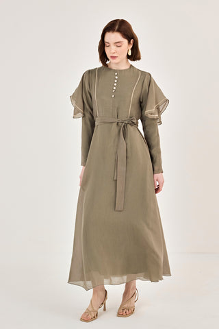 Nakış Detaylı Volanlı Parlak Tensel Elbise Haki
