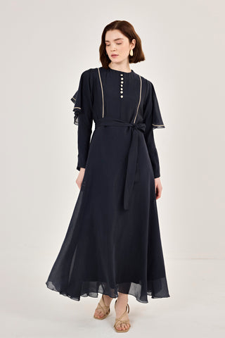 Nakış Detaylı Volanlı Parlak Tensel Elbise Lacivert