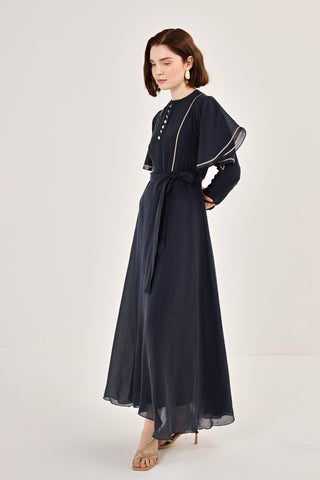 Nakış Detaylı Volanlı Parlak Tensel Elbise Lacivert