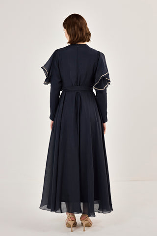 Nakış Detaylı Volanlı Parlak Tensel Elbise Lacivert