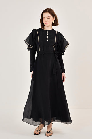 Nakış Detaylı Volanlı Parlak Tensel Elbise Siyah