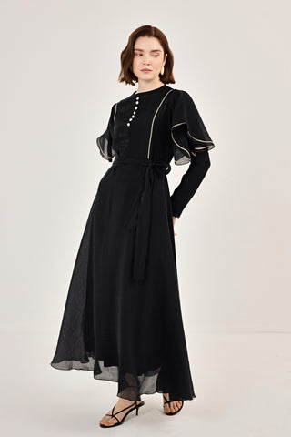 Nakış Detaylı Volanlı Parlak Tensel Elbise Siyah