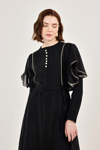 Nakış Detaylı Volanlı Parlak Tensel Elbise Siyah