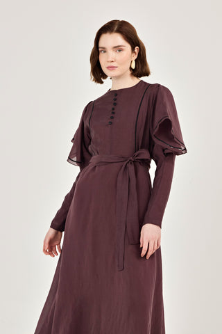 Nakış Detaylı Volanlı Parlak Tensel Elbise Mürdüm