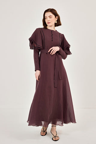 Nakış Detaylı Volanlı Parlak Tensel Elbise Mürdüm