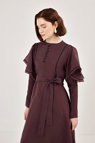 Nakış Detaylı Volanlı Parlak Tensel Elbise Mürdüm