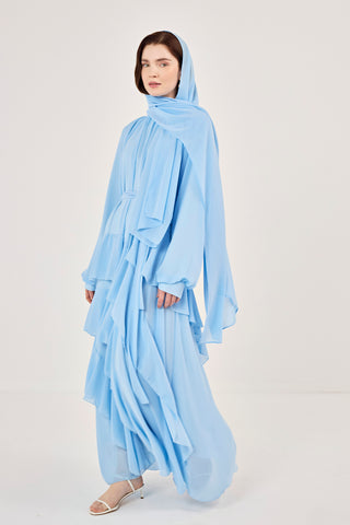 Reglan Kollu Eteği Kat Volanlı Şifon Elbise Mavi