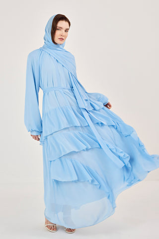 Reglan Kollu Eteği Kat Volanlı Şifon Elbise Mavi