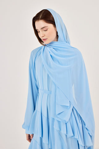 Reglan Kollu Eteği Kat Volanlı Şifon Elbise Mavi