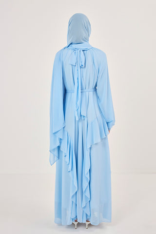 Reglan Kollu Eteği Kat Volanlı Şifon Elbise Mavi