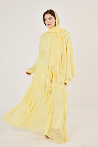 Reglan Kollu Eteği Kat Volanlı Şifon Elbise Sarı
