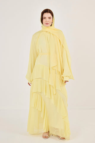 Reglan Kollu Eteği Kat Volanlı Şifon Elbise Sarı