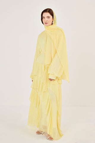 Reglan Kollu Eteği Kat Volanlı Şifon Elbise Sarı