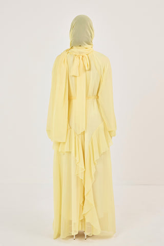 Reglan Kollu Eteği Kat Volanlı Şifon Elbise Sarı
