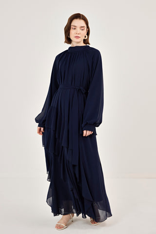 Reglan Kollu Eteği Kat Volanlı Şifon Elbise Lacivert