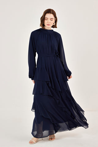 Reglan Kollu Eteği Kat Volanlı Şifon Elbise Lacivert