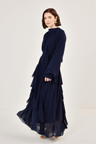 Reglan Kollu Eteği Kat Volanlı Şifon Elbise Lacivert