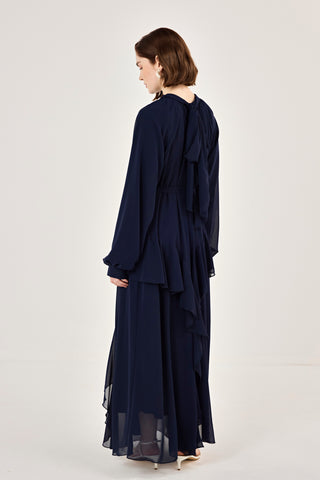 Reglan Kollu Eteği Kat Volanlı Şifon Elbise Lacivert