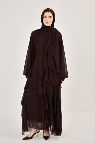 Reglan Kollu Eteği Kat Volanlı Şifon Elbise Kahverengi