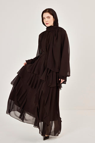 Reglan Kollu Eteği Kat Volanlı Şifon Elbise Kahverengi