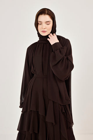 Reglan Kollu Eteği Kat Volanlı Şifon Elbise Kahverengi